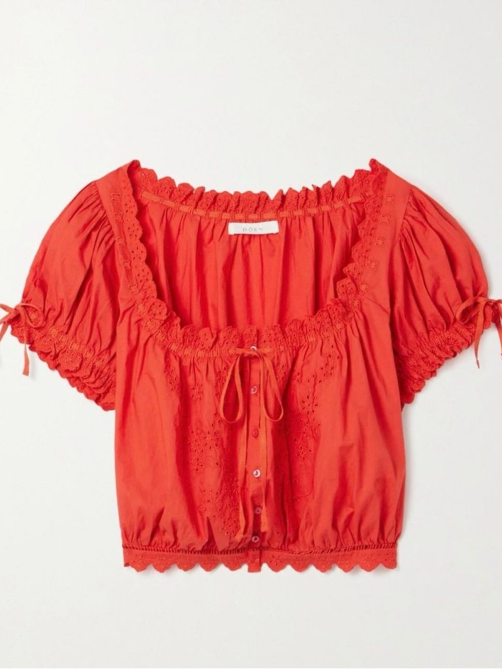 Doen Nera Top in Coral-Red Eyelet Peasant Crop Blouse